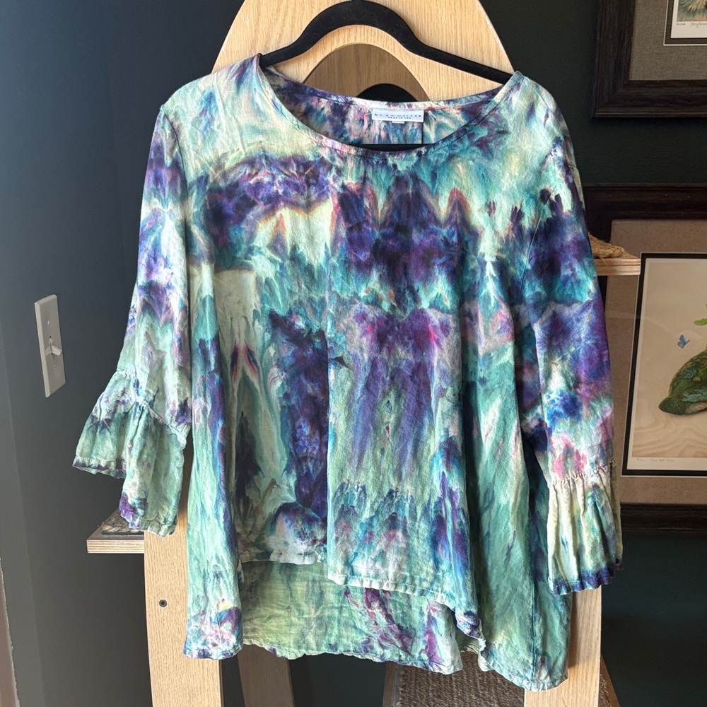 Bryn Walker Lightweight Mint & Purple Ice-Dye Women's Linen Blouse Size Large